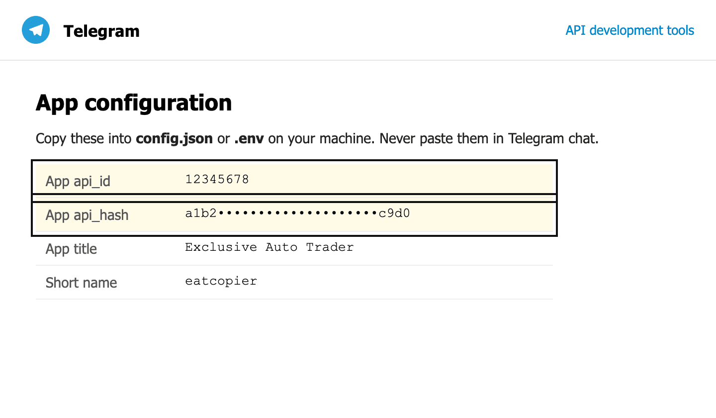 my.telegram.org API development tools showing App api_id and App api_hash.